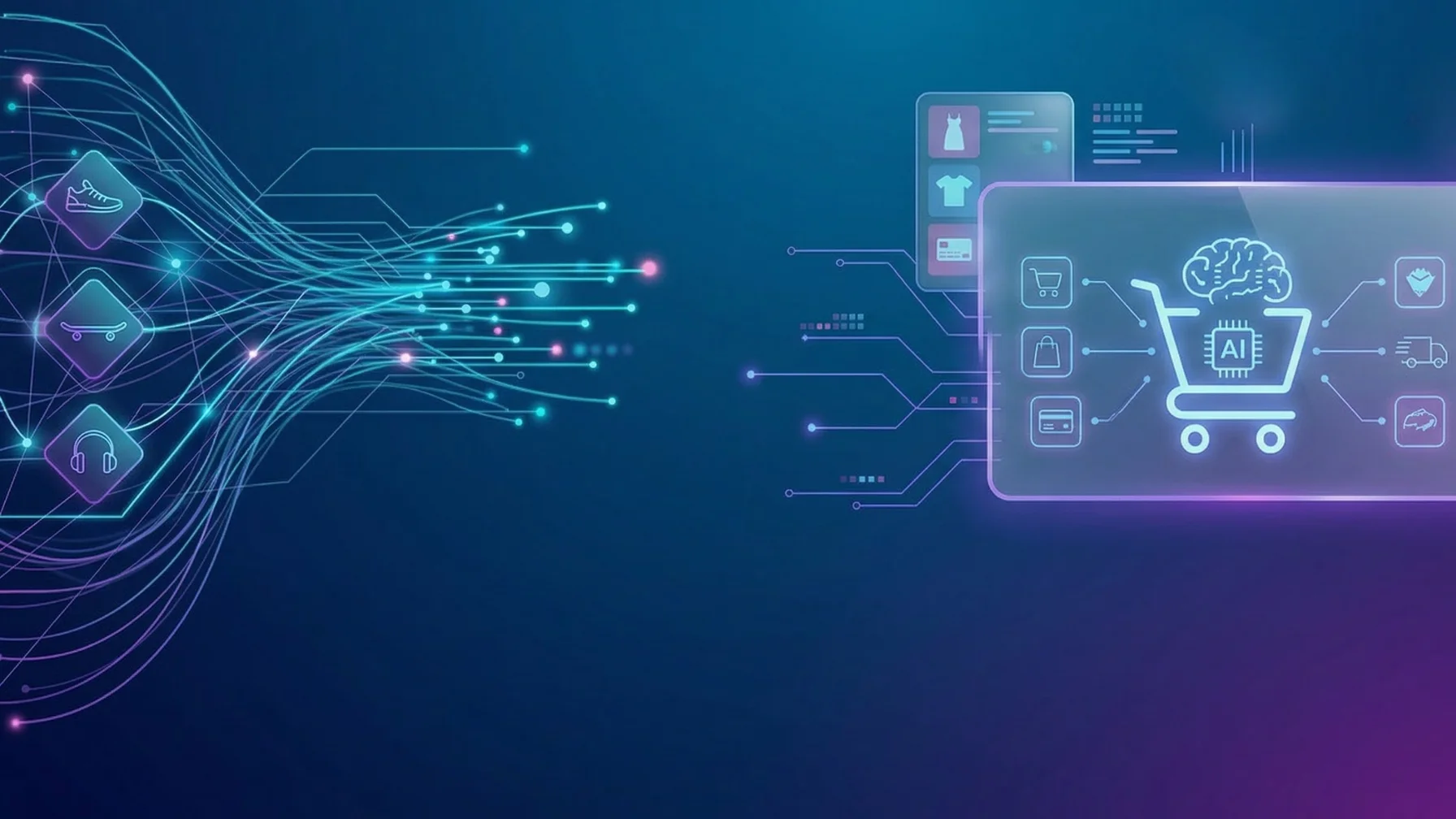 Abstract image of AI in e-commerce: digital brain in shopping cart icon, connected to online shopping elements on a blue tech background.